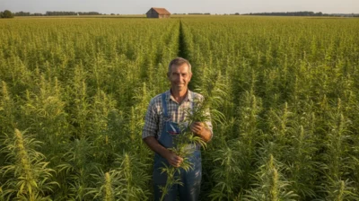 Cultivateur de chanvre dans son champ a la recolte, tenant une tige en fleur