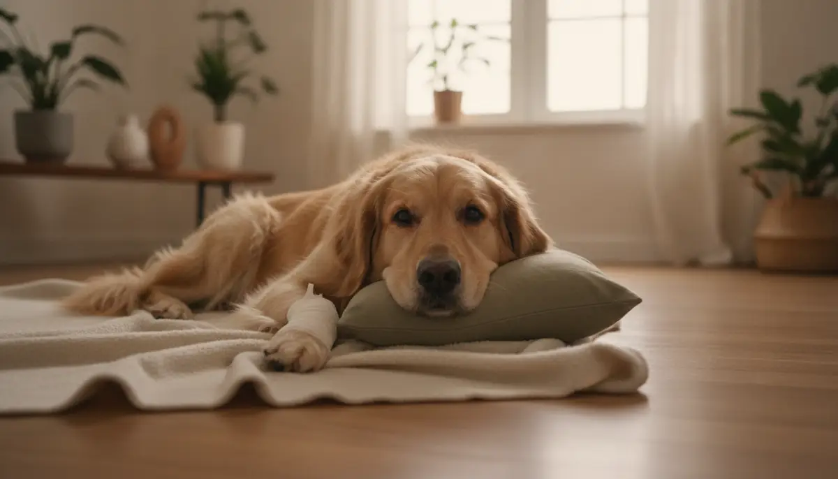 Chien convalescent au repos sur une table de consultation veterinaire, la patte arriere bandee apres une operation