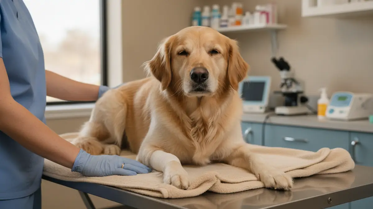 Chien de taille moyenne au repos sur une table de consultation veterinaire apres une operation du genou