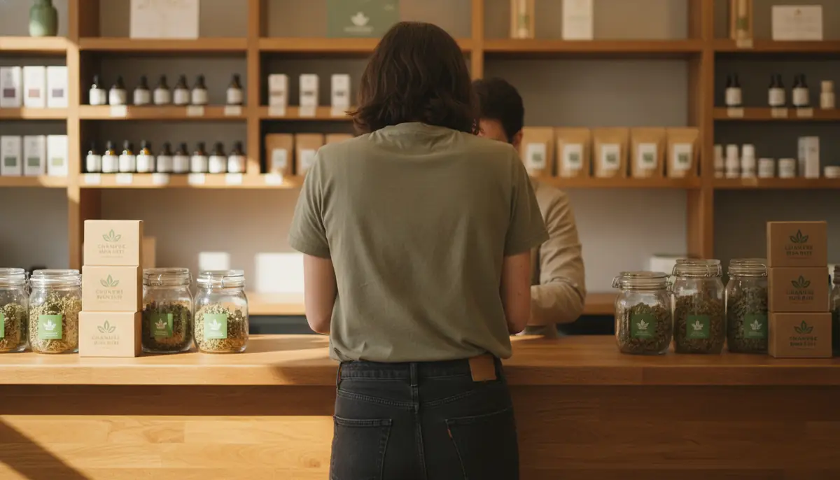 Comptoir d'une boutique de CBD en France avec des bocaux de fleurs, vendeur de dos, ambiance chaleureuse