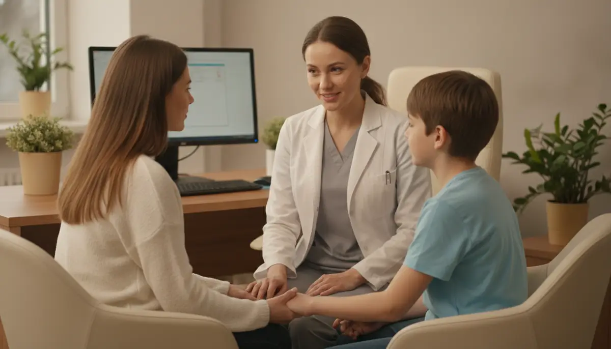 Une consultation medicale dans un cabinet lumineux, un soignant face a un jeune patient et un proche