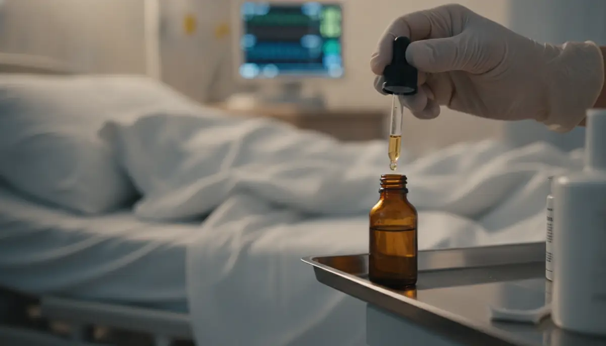 Flacon compte-gouttes d'huile posé sur un plateau de soins dans un service d'urgences