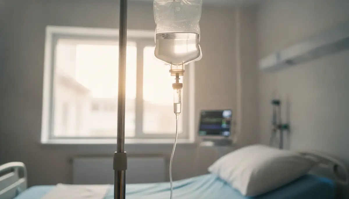 Perfusion intraveineuse suspendue à un pied à sérum dans une chambre d'hôpital