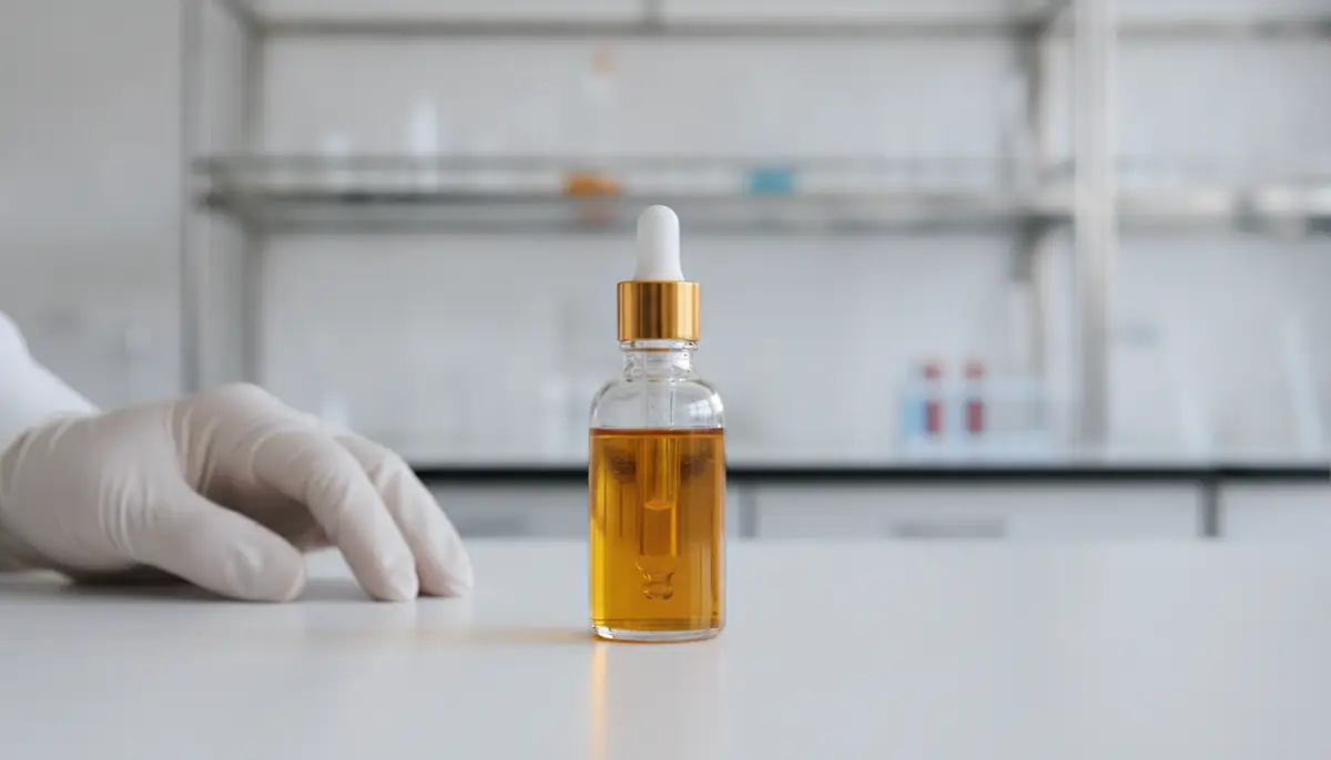 Flacon compte-gouttes d'extrait de cannabis a usage medical pose sur une table de laboratoire
