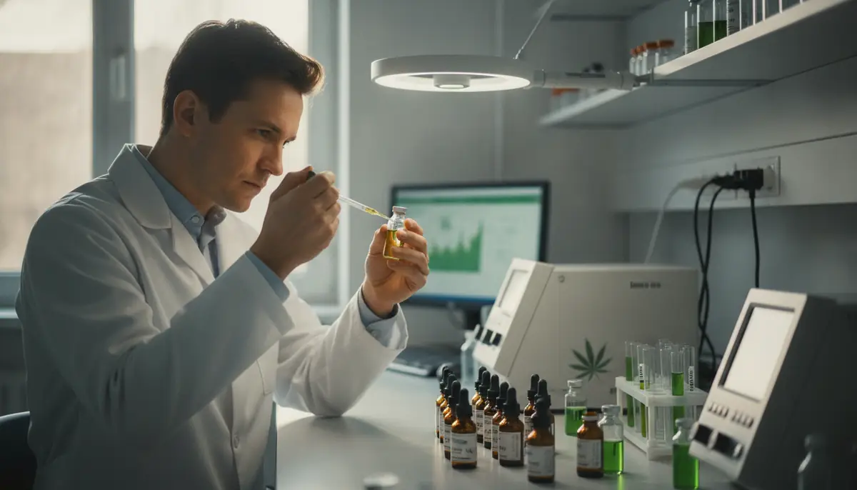 Un technicien examine des flacons d'huile de CBD dans un laboratoire de controle qualite