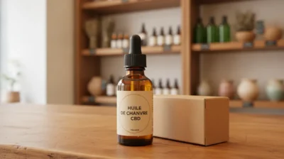 Flacon compte-gouttes d'huile de CBD posé sur le comptoir d'une boutique française