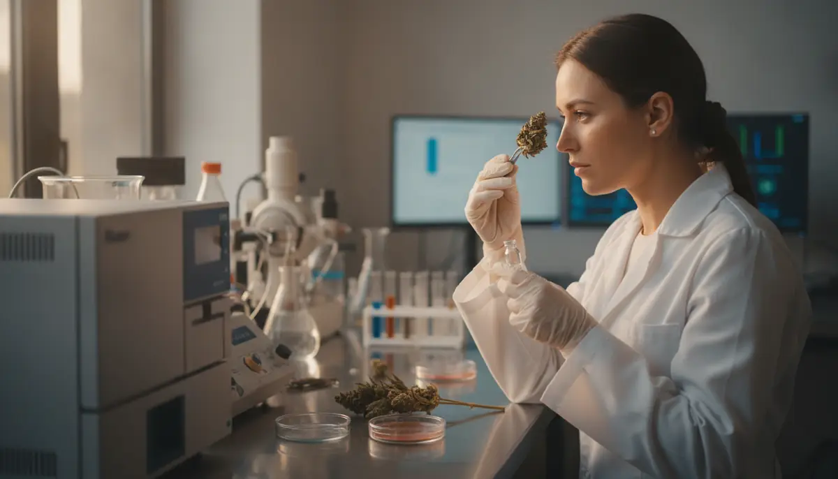 Technicienne analysant une fleur de chanvre dans un laboratoire de controle qualite