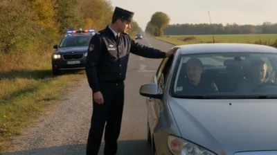 Contrôle routier avec un gendarme près d'une voiture arrêtée sur le bord de la route