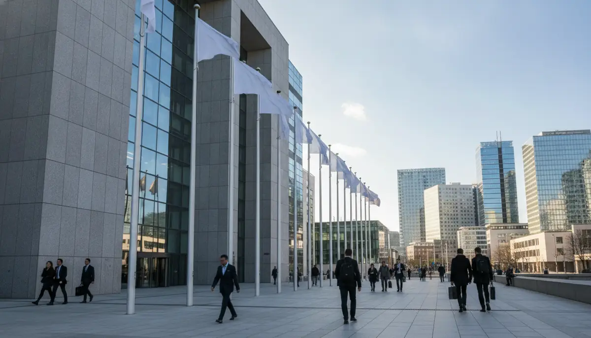 Façade d'un palais de justice européen moderne, drapeaux devant l'entrée, ciel dégagé, photographie en angle frontal