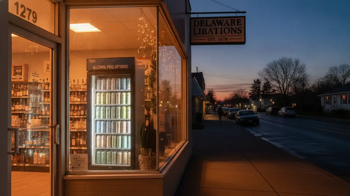 Devanture d'un magasin d'alcool americain avec un rayon refrigere de canettes de boissons