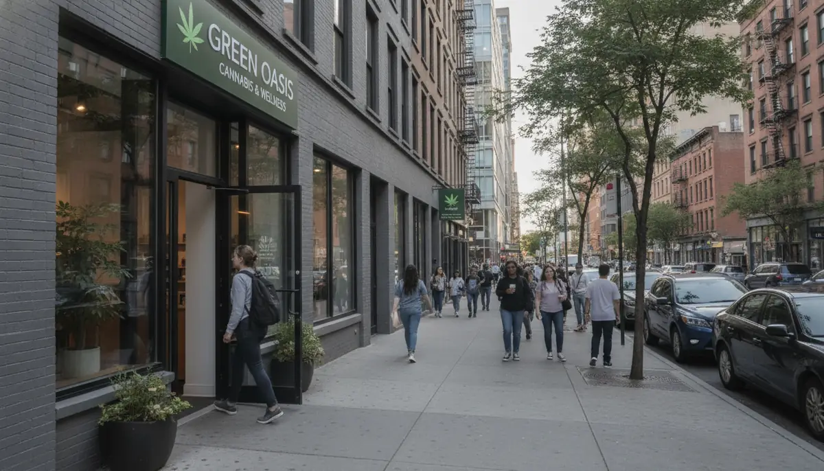 Devanture d'un dispensaire de cannabis legal a New York, clients a l'interieur