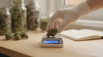 Une main gantée pose une fleur de cannabis séchée sur une balance de précision