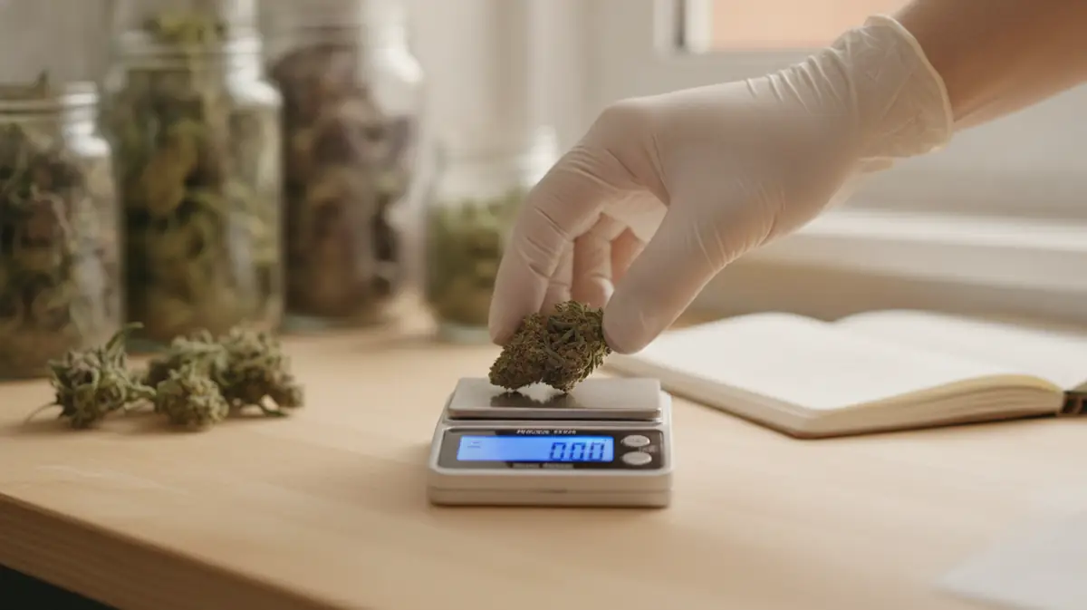 Une main gantée pose une fleur de cannabis séchée sur une balance de précision