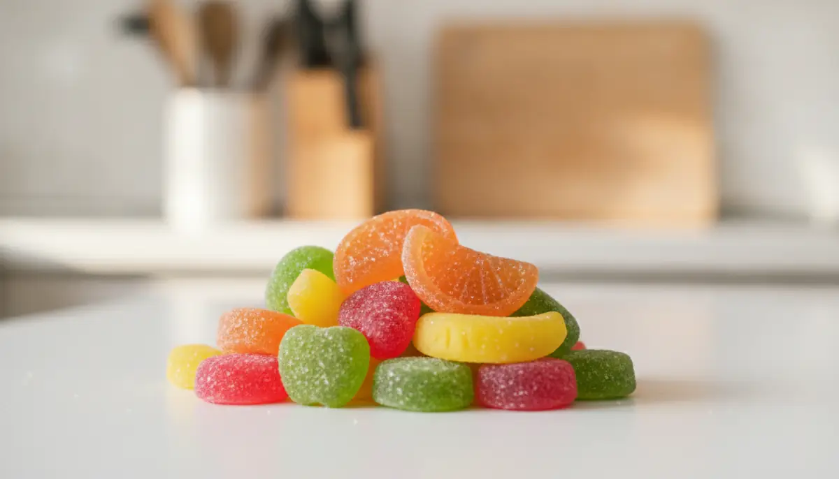 Bonbons gélifiés colorés présentés en vrac sur un fond neutre, sans emballage ni marque visible