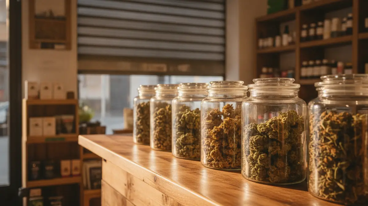 Bocaux de fleurs de chanvre sechees sur le comptoir d'une boutique, rideau metallique a demi baisse en arriere-plan
