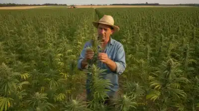 Champ de chanvre en France a la recolte, un producteur inspectant des fleurs de cannabis sativa