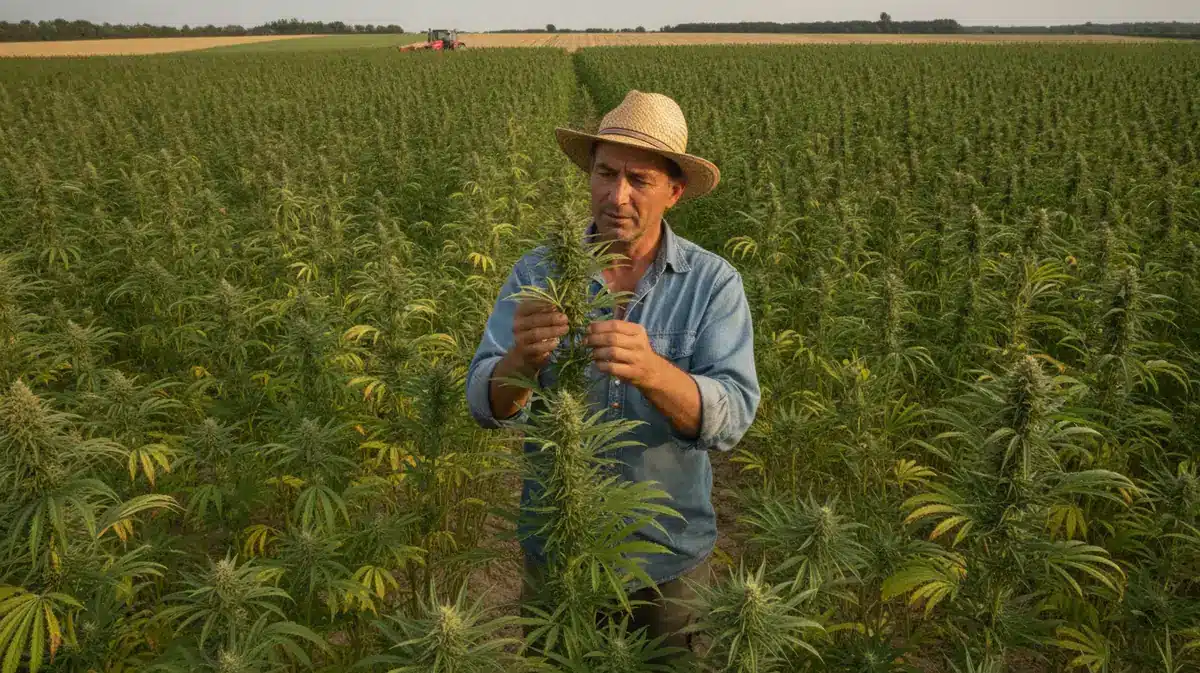 Champ de chanvre en France a la recolte, un producteur inspectant des fleurs de cannabis sativa