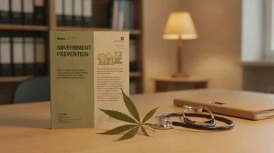 Un guide officiel de prévention sur les drogues ouvert sur un bureau, à côté d'une feuille de cannabis séché et d'un stéthoscope
