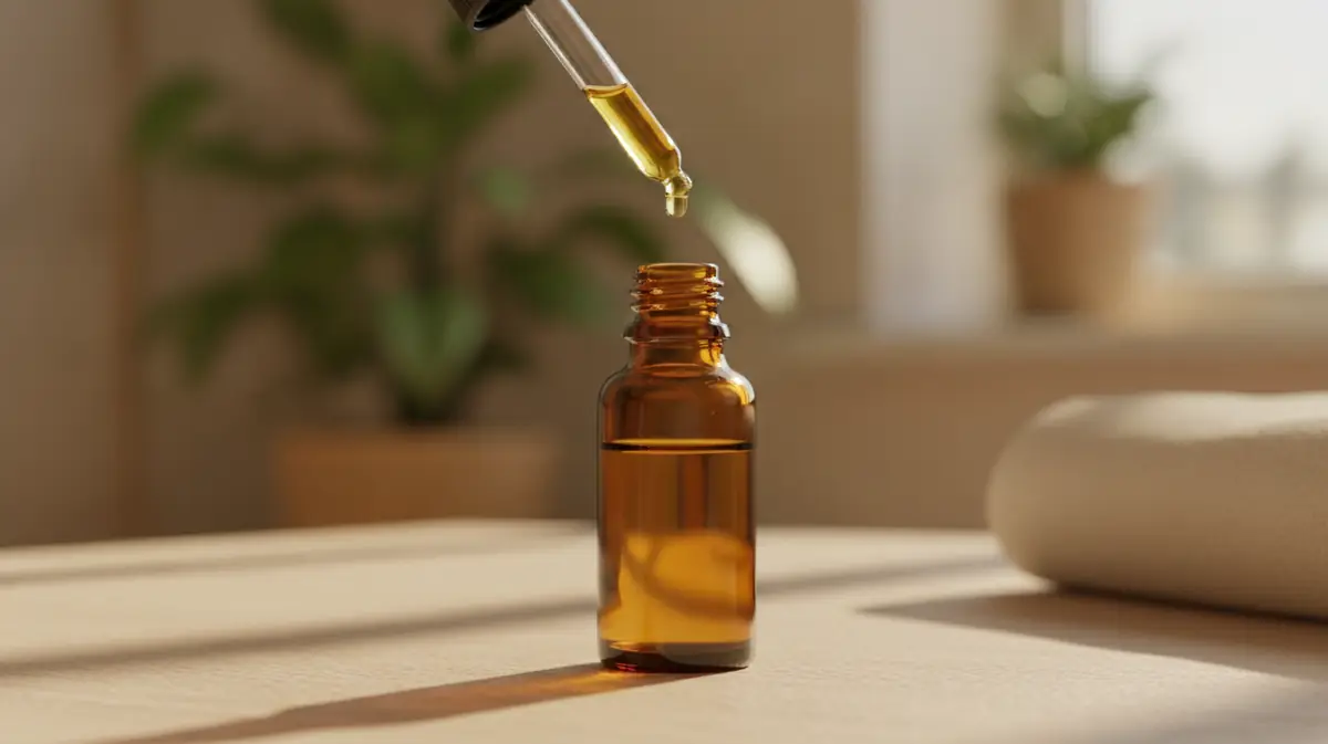 Flacon d'huile de CBD avec pipette pose sur une table, lumiere chaude et naturelle