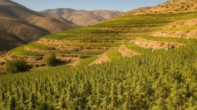 Champ de cannabis légal en fleurs sur les collines du Rif marocain, sous un ciel clair de fin de récolte