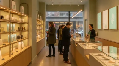 Interieur d'un dispensaire de cannabis legal a New York avec produits en rayon et clients