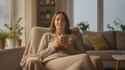 Femme tenant une tasse chaude pres de la fenetre, posture de repos face a une douleur chronique