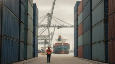 Conteneurs maritimes empiles sur un terminal portuaire europeen sous un ciel gris, symbole des importations de cannabis
