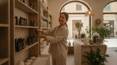 Rayon d'une boutique de CBD avec des flacons d'huile, certains retires des etageres