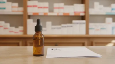 Flacon d'huile de cannabis médical et ordonnance posés sur le comptoir d'une pharmacie française