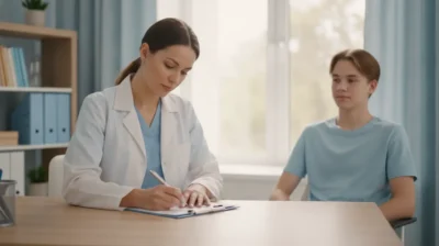 Un professionnel de sante note des observations pres d'un jeune patient, dans un cabinet clair et apaise