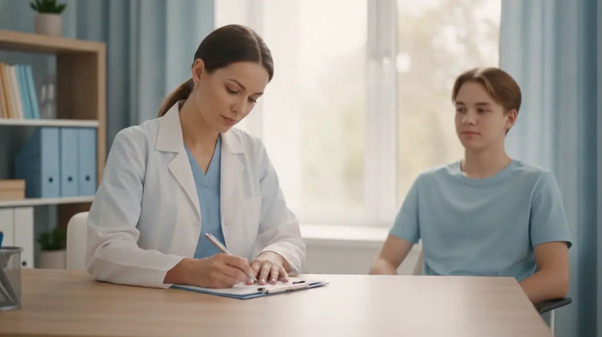 Un professionnel de sante note des observations pres d'un jeune patient, dans un cabinet clair et apaise
