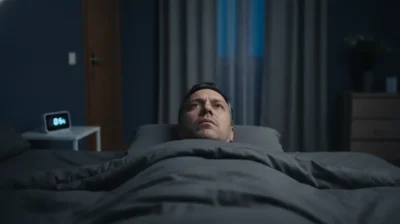 Une personne allongee dans un lit la nuit, les yeux ouverts, eclairee par la lueur froide d'un reveil, chambre a coucher silencieuse.