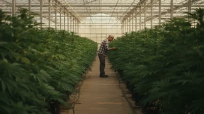 Rangs de plants de cannabis matures cultives dans une grande serre agricole au Canada, sous une lumiere naturelle