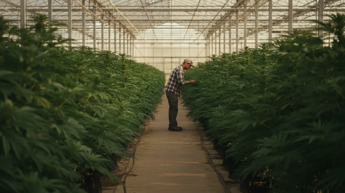 Rangs de plants de cannabis matures cultives dans une grande serre agricole au Canada, sous une lumiere naturelle