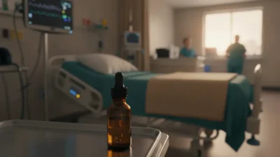 Service d'urgences hospitalier avec un flacon compte-gouttes d'huile posé au premier plan sur un plateau de soins