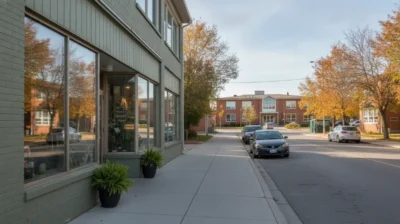 Rue commercante canadienne avec un magasin de cannabis legal et un etablissement scolaire en arriere-plan