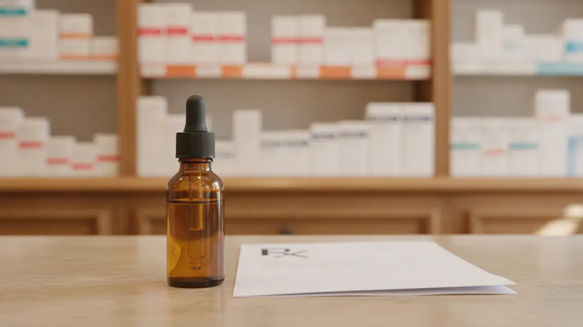 Flacon d'huile de cannabis médical et ordonnance posés sur le comptoir d'une pharmacie française