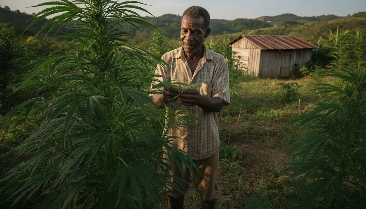 Petit cultivateur inspectant un plant de cannabis en plein air dans une ferme tropicale vallonnée