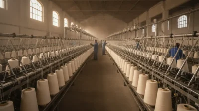 Interieur d'une usine de filature textile moderne avec des machines alignant des fils de fibre naturelle claire