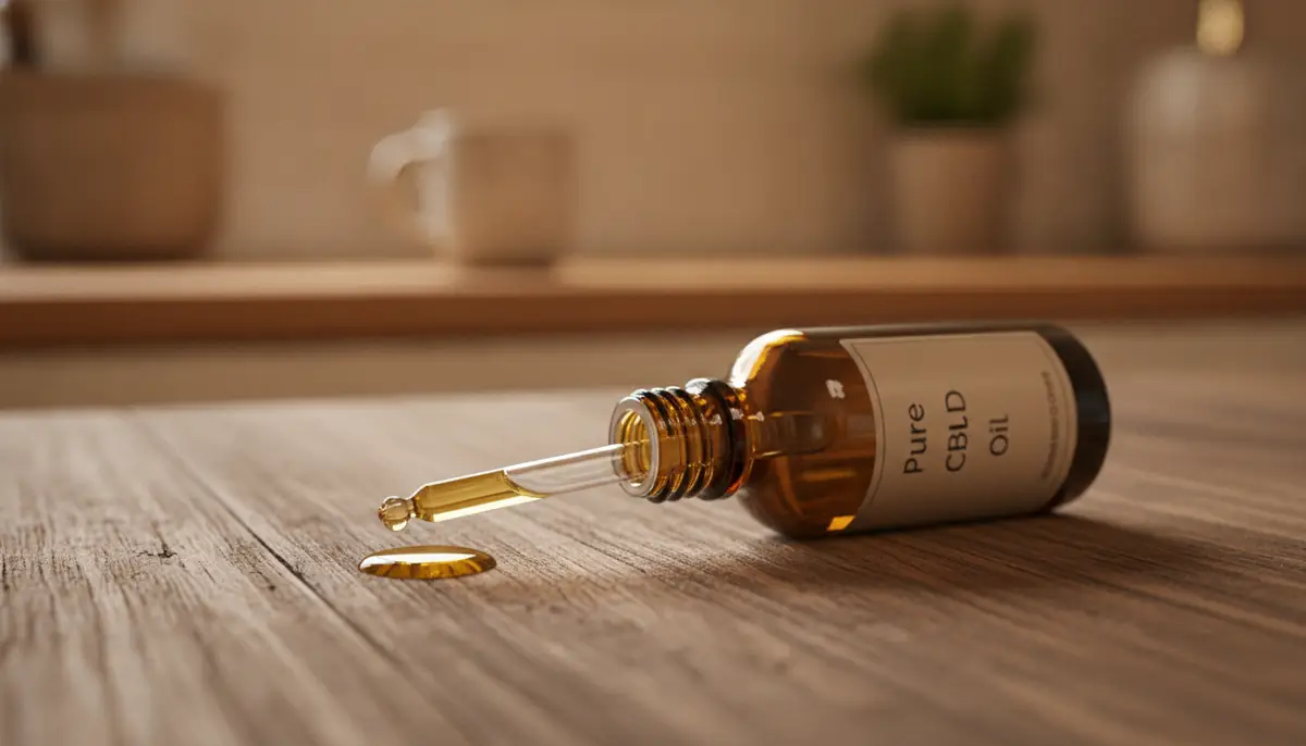 Flacon d'huile de CBD et goutte posee sur une table en bois, lumiere chaude