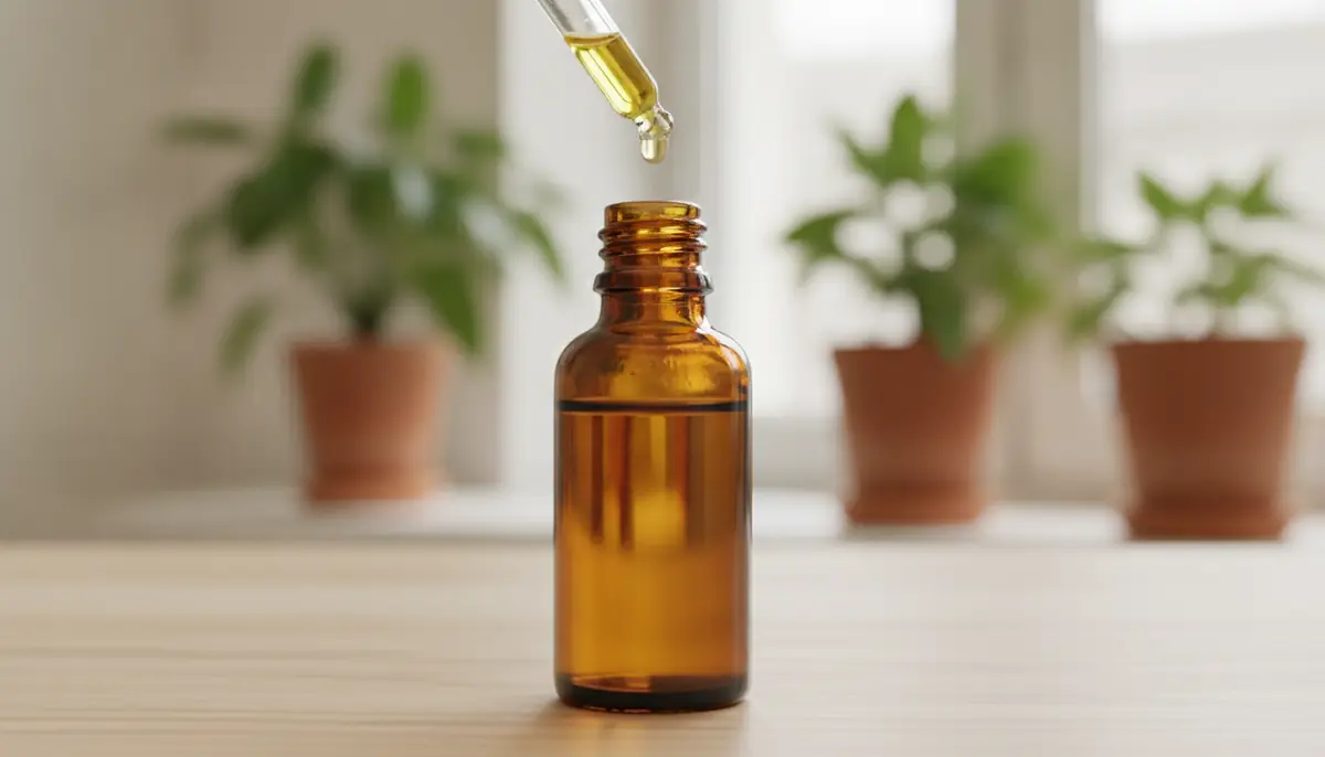 Flacon compte-gouttes d'huile de CBD posé sur une table en bois, lumière naturelle, sans étiquette ni marque visible