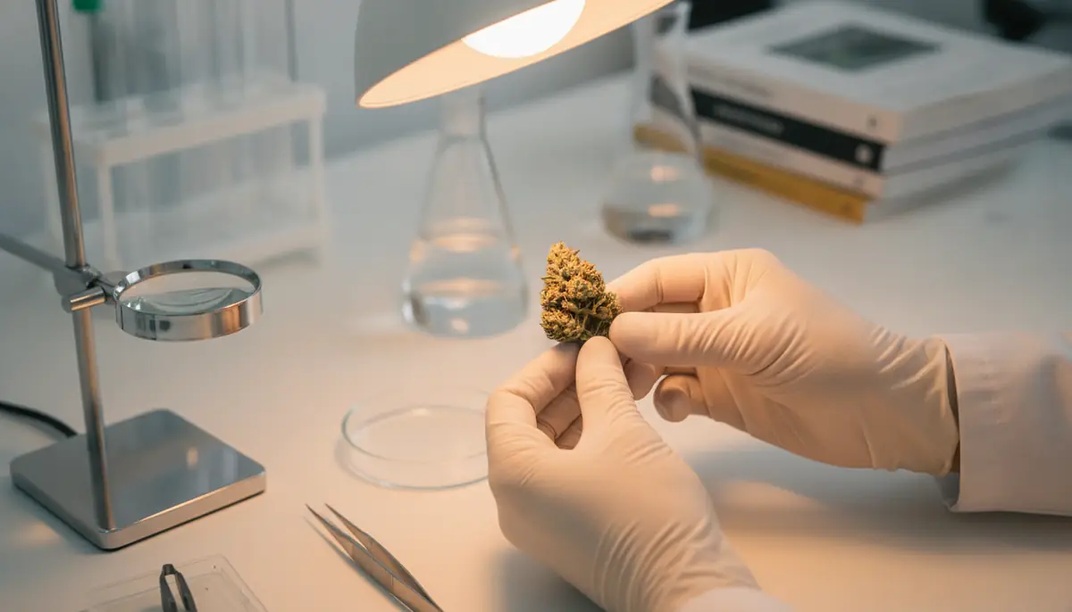 Mains gantées examinant une fleur de cannabis sous une lampe de laboratoire, image du réexamen scientifique des substances