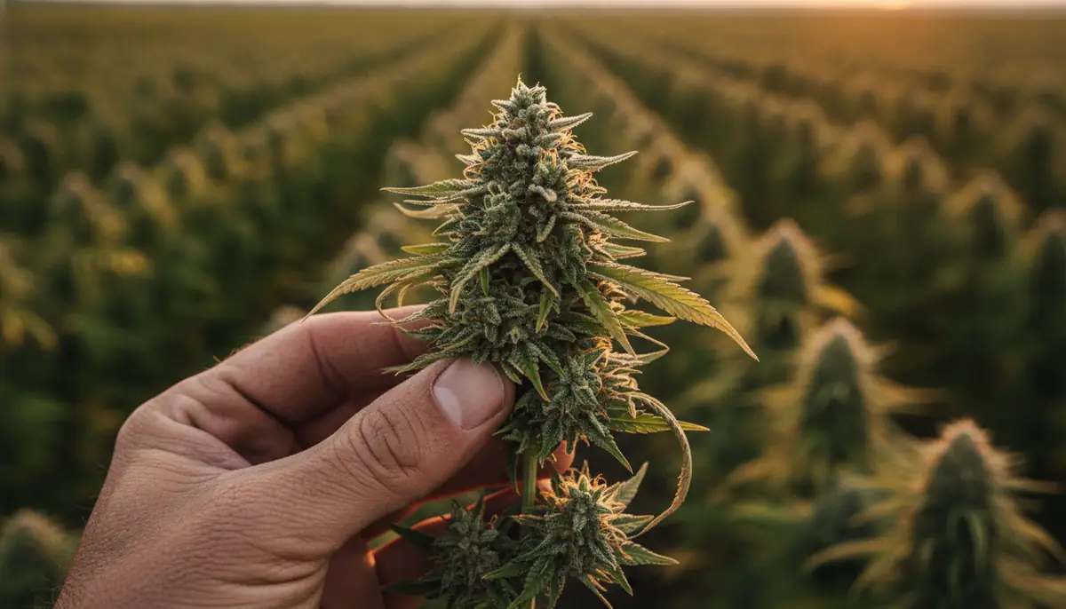 Gros plan sur une inflorescence de chanvre tenue dans la main d'un cultivateur, dans un champ en fin de journee