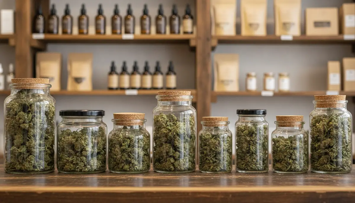 Bocaux de fleurs de chanvre sur le comptoir d'une boutique de CBD