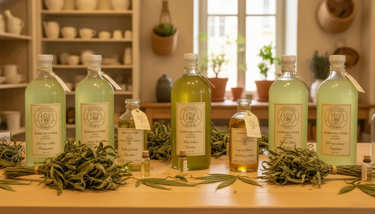 Bouteilles d'infusion et de boisson au CBD posees sur un comptoir en bois clair