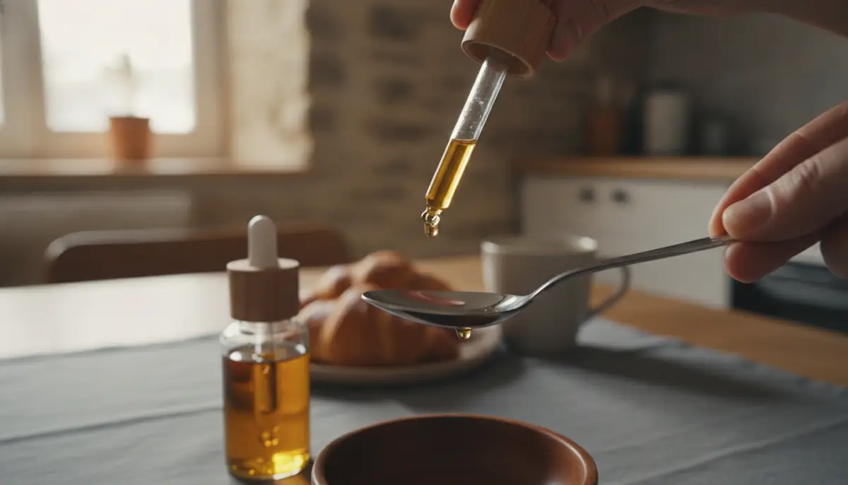Main déposant des gouttes d'huile de CBD à l'aide d'une pipette