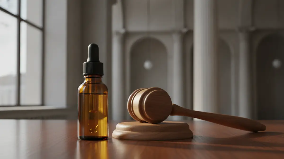 Flacon compte-gouttes d'huile de CBD posé sur une table en bois, lumière naturelle, sans marque visible