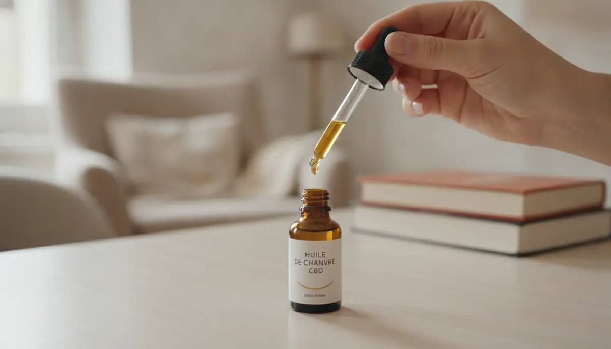 Flacon d'huile de cannabis médical et pipette graduée posés sur une table, en lumière douce