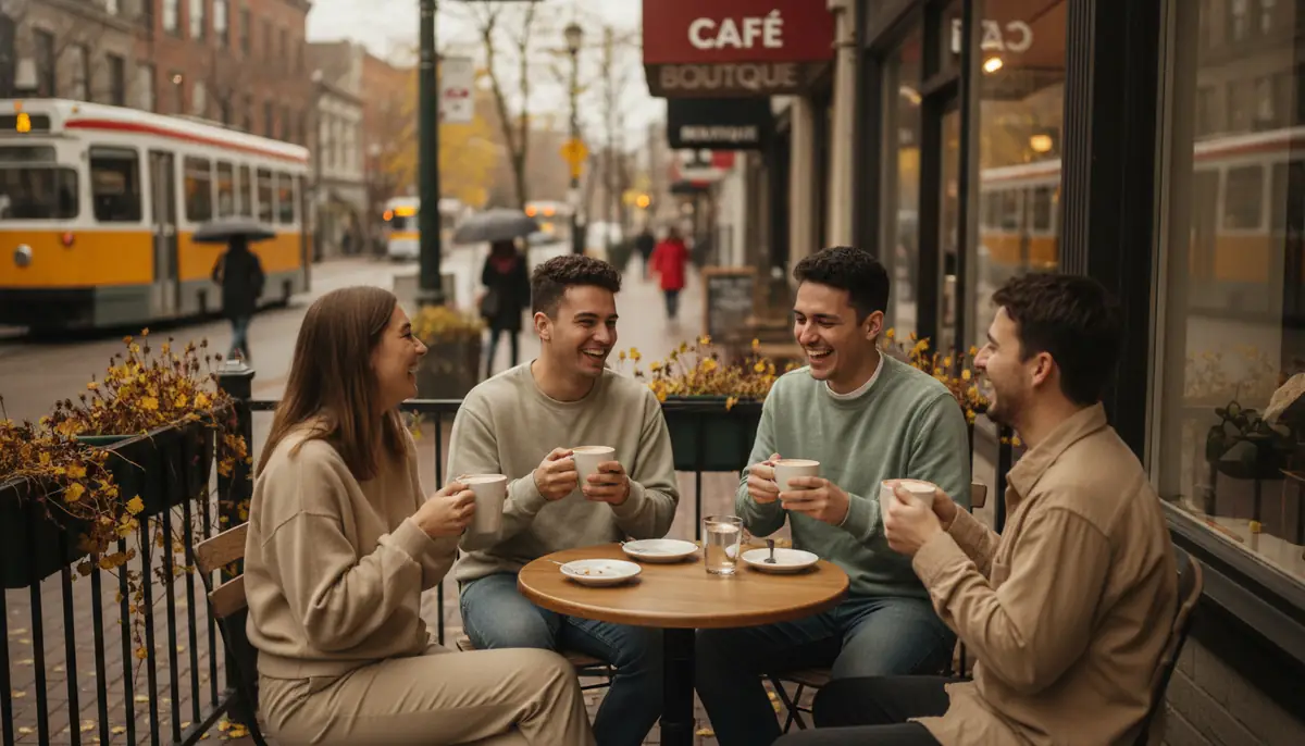Un groupe de jeunes adultes discutant en terrasse dans une rue de Montréal en automne