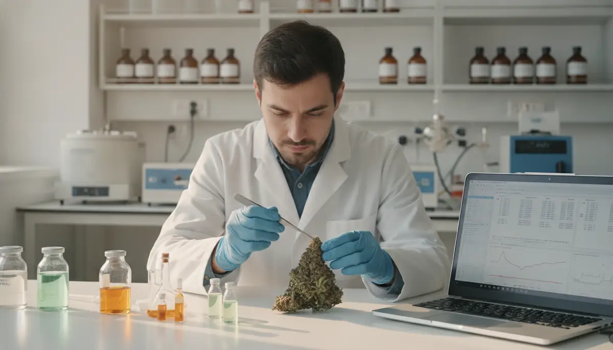 Analyse en laboratoire d'echantillons de fleurs de cannabis, mains gantees et flacons sous eclairage neutre